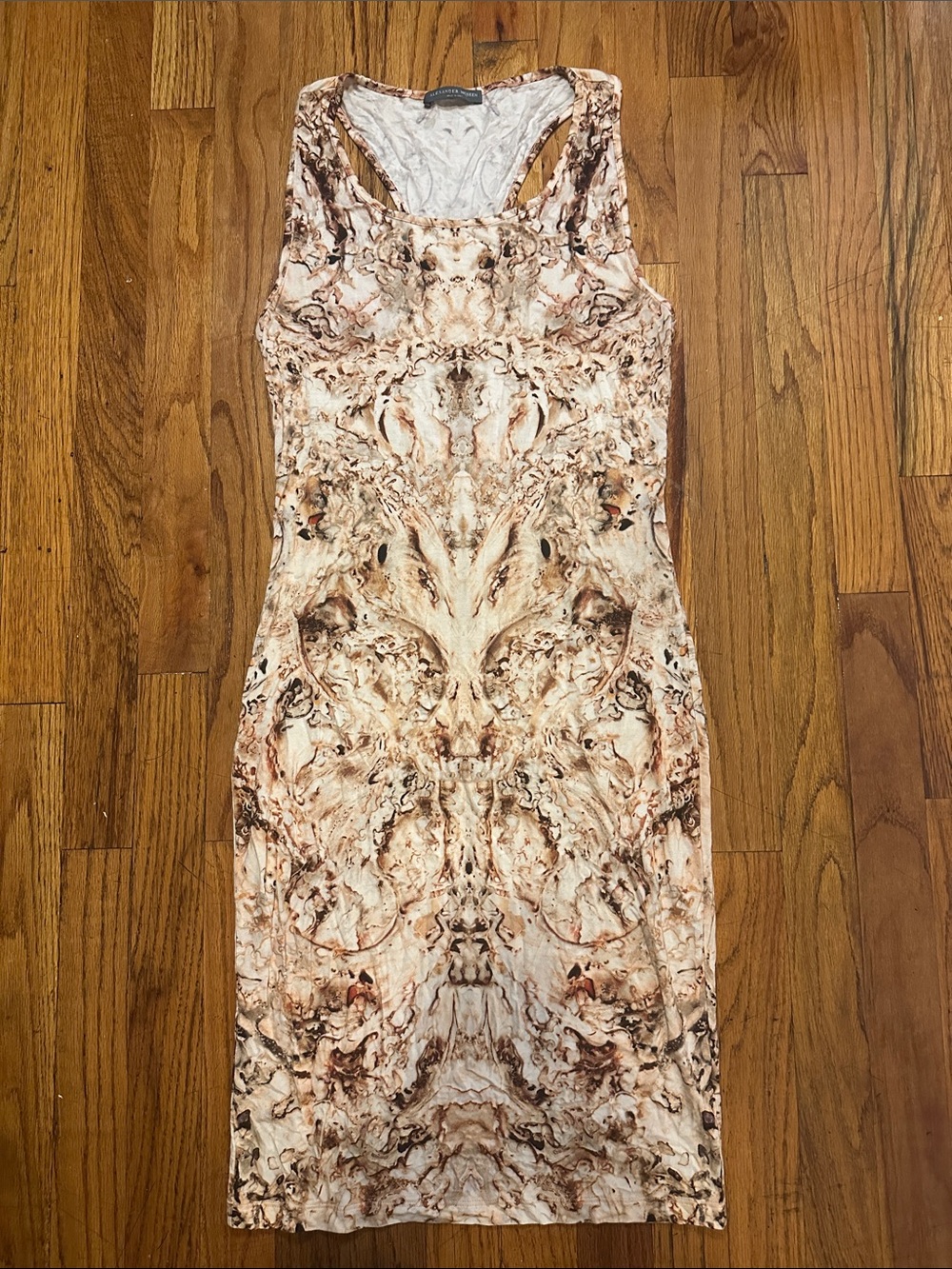 Alexander McQueen Marble-Print Midi Dress in Beige and Brown
